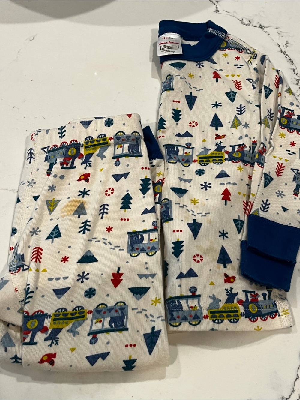 Kids Train Print Pajama Set - Navy Trim